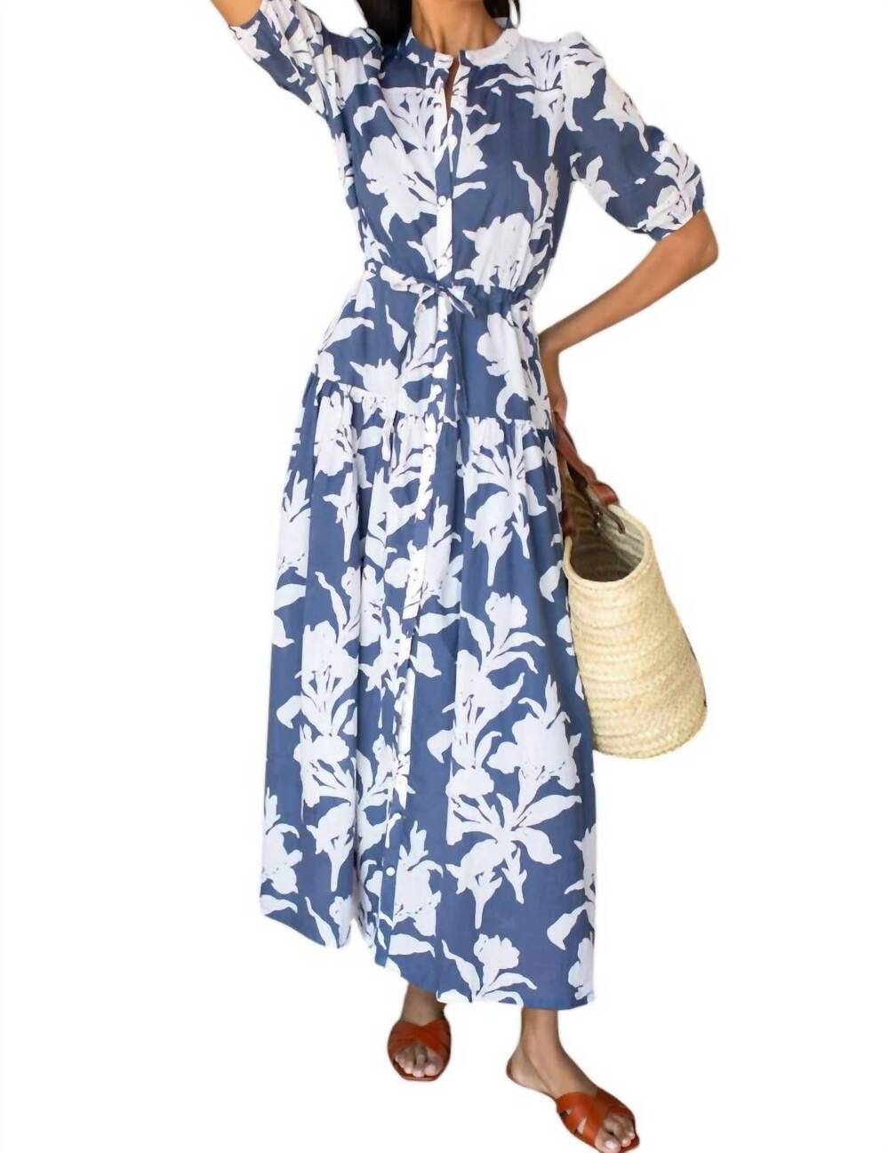 NEW EMERSON FRY lucy 4 basque dress in blue indigo + ivory orchid organic